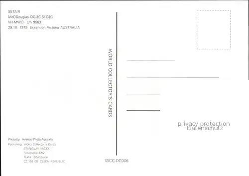 Flugzeuge Zivil Setair McDDouglas DC 3C S1C3G VH MWQ c n 9583 Kat. Flug