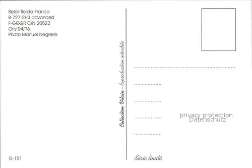 Flugzeuge Zivil Belair Ile de France B 727 2H3 advanced F GGGR c n 20822  Kat. Flug