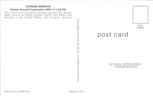 Flugzeuge Zivil Cayman Airways British Aircraft Corporation BAC 111 531FS VR CAB c n 237