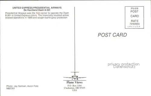 Flugzeuge Zivil United Express Presidential Airways DeHavilland Dash 8 301 N801XV  Kat. Airplanes Avions