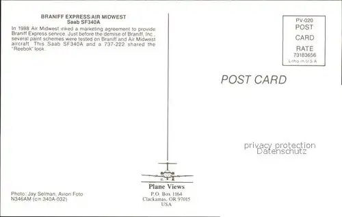 Flugzeuge Zivil Braniff Express Air Midwest Saab SF340AM Kat. Airplanes Avions