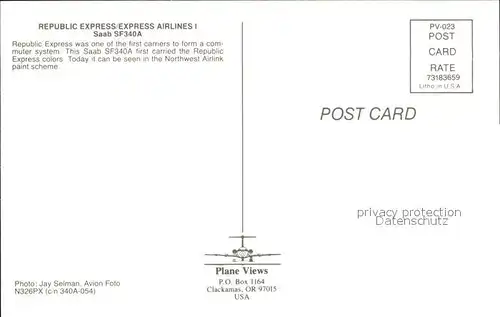 Flugzeuge Zivil Republic Express Airlines I Saab SF340A N326PX Kat. Airplanes Avions