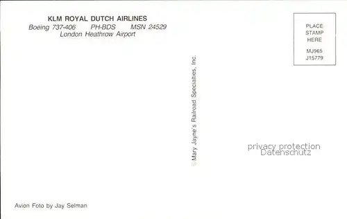 Flugzeuge Zivil KLM Royal Dutch Airlines Boeing 737 406 PH BDS MSN 24529  Kat. Airplanes Avions