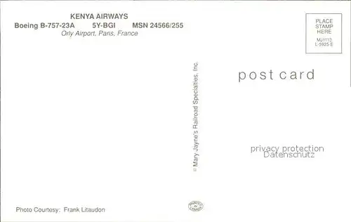 Flugzeuge Zivil Kenya Airways Boeing B 757 23A 5Y BGI MSN 24566 255  Kat. Airplanes Avions