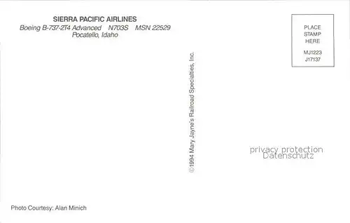 Flugzeuge Zivil Sierra Pacific Airlines Boeing B 737 2T4 Advanced N703S MSN 22529 Kat. Airplanes Avions