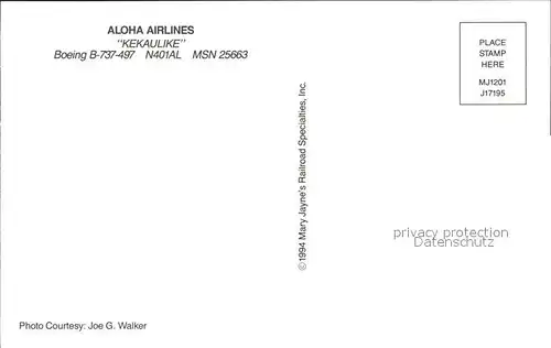 Flugzeuge Zivil Aloha Airlines Kekaulike Boeing B 737 497 N401AL MSN 25663 Kat. Airplanes Avions