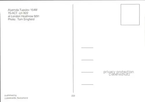 Flugzeuge Zivil Alyemda Tupolev 154M 70 ACT c n 822  Kat. Airplanes Avions
