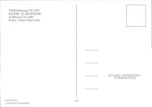 Flugzeuge Zivil Taesa Boeing 737 3Y0 XA SAB c n 25187 2248 Kat. Airplanes Avions