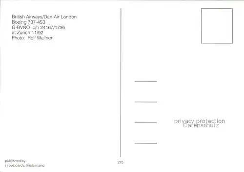 Flugzeuge Zivil British Airways Dan Air London Boeing 737 4S3 G BVNO c n 24167 1736 Kat. Airplanes Avions