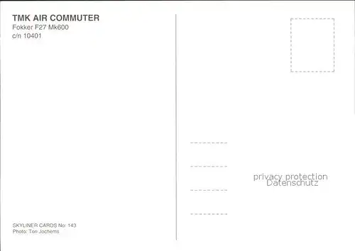 Flugzeuge Zivil TMK Air Commuter Fokker F27 Mk600 c n 10401  Kat. Airplanes Avions