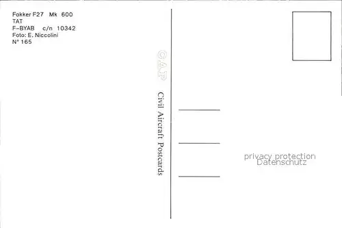 Flugzeuge Zivil TAT Fokker F27 Mk600 F BYAB c n 10342 Kat. Airplanes Avions