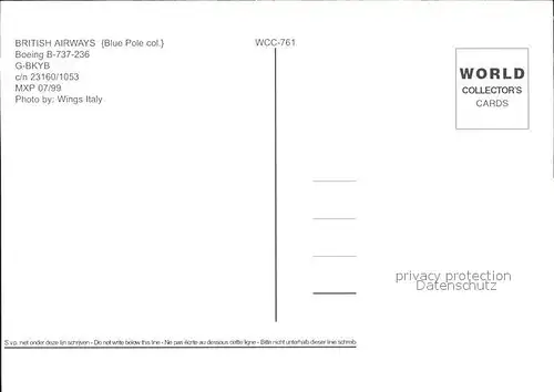 Flugzeuge Zivil British Airways Boeing B 737 236 G BKYB c n 23160 1053 Kat. Airplanes Avions