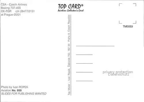 Flugzeuge Zivil CSA Czech Airlines Boeing 737 45S OK FGR c n 28477 3131  Kat. Airplanes Avions