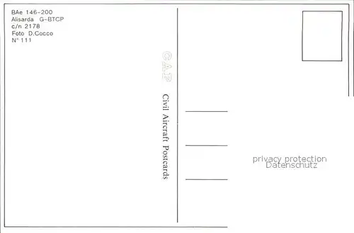 Flugzeuge Zivil Alisarda BAe 146 20 G BTCP c n 2178 Kat. Airplanes Avions