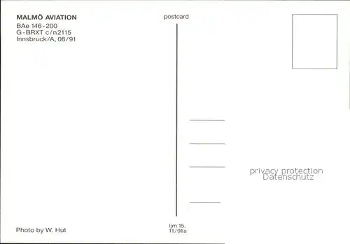 Flugzeuge Zivil Malmoe Aviation BAe 146 200 G BRXT c n 2115  Kat. Airplanes Avions