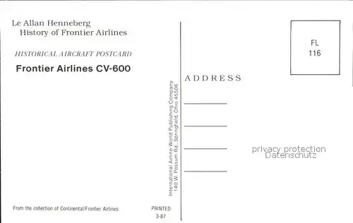 Flugzeuge Zivil Frontier Airlines CV 600  Kat. Airplanes Avions
