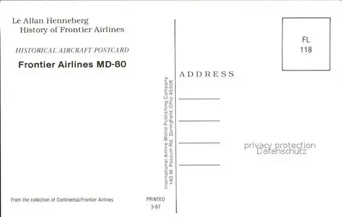 Flugzeuge Zivil Frontier Airlines MD 80 N9803F  Kat. Airplanes Avions