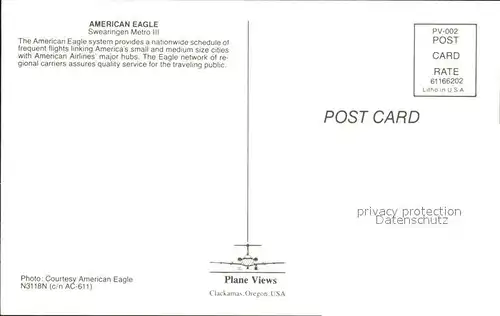 Flugzeuge Zivil American Eagle Swearingen Metro III N3118N c n AC 611 Kat. Airplanes Avions