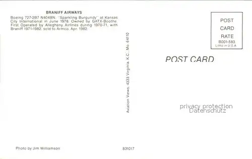 Flugzeuge Zivil Braniff Airways Boeing 727 27 N404BN  Kat. Airplanes Avions