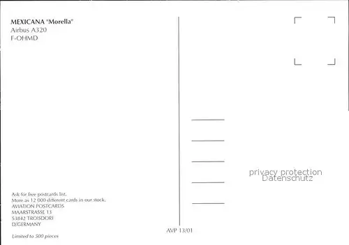 Flugzeuge Zivil Mexicana Morella A320 F OHMD Kat. Airplanes Avions