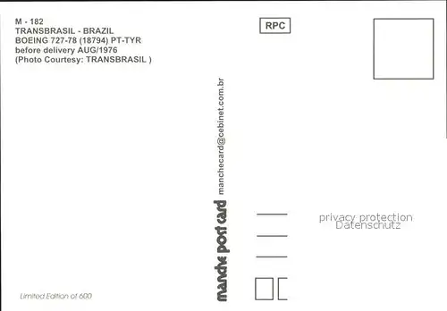 Flugzeuge Zivil Transbrasil Brazil Boeing 727 78 18794 PT TYR  Kat. Airplanes Avions