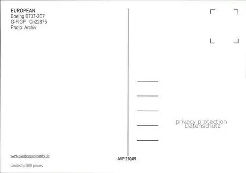 Flugzeuge Zivil European B737 2E7 G FIGP cn 22875 Kat. Airplanes Avions