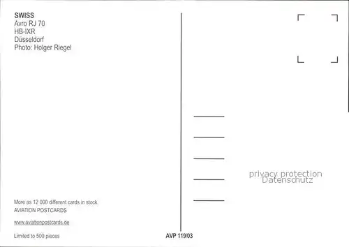 Flugzeuge Zivil Swiss Avro RJ70 HB IXR  Kat. Airplanes Avions