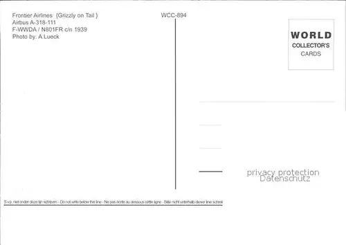 Flugzeuge Zivil Frontier Airlines Grizzly on Tail A318 111 F WWDA N801FR c n 1939 Kat. Airplanes Avions