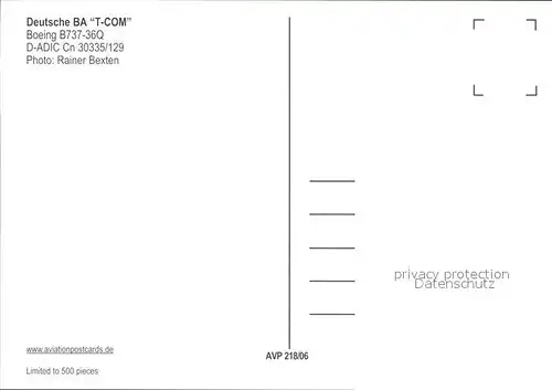 Flugzeuge Zivil Deutsche BA T COM Boeing B 737 36Q D ADIC cn 30335 129 Kat. Airplanes Avions