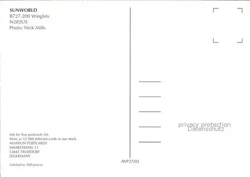 Flugzeuge Zivil Sunworld B727 200 Winglets N282US  Kat. Airplanes Avions