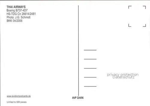 Flugzeuge Zivil Thai Airways Boeing B737 4D7 HS TDG cn 26614 2481 Kat. Airplanes Avions