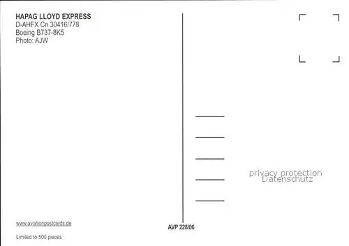 Flugzeuge Zivil Hapag Lloyd Express Boeing B737 8K5 D AHFX cn 30416 778 Kat. Airplanes Avions