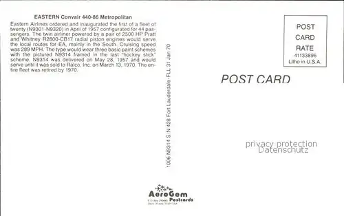 Flugzeuge Zivil Eastern Convair 440 86 Metropolitan N9314 s n 428 Kat. Airplanes Avions