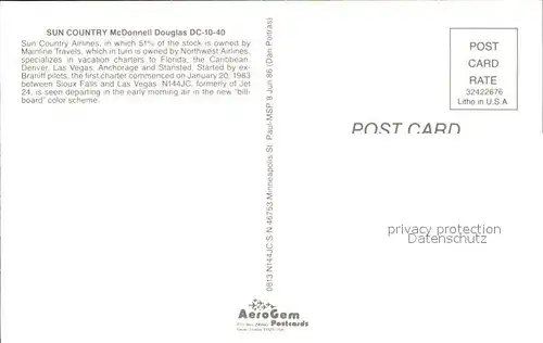 Flugzeuge Zivil Sun Country McDonnell Douglas DC 10 40 N144JC s n 46753  Kat. Airplanes Avions