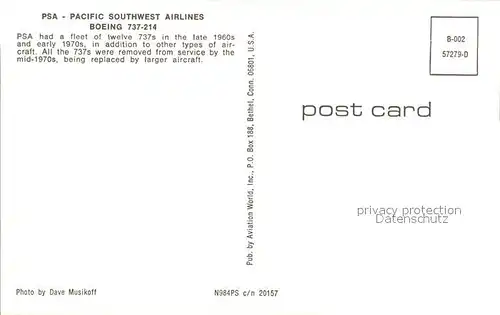 Flugzeuge Zivil PSA Pacific Southwest Airlines Boeing 737 214 N984PS c n 20157 Kat. Airplanes Avions