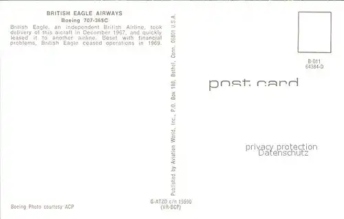 Flugzeuge Zivil British Eagle Airways Boeing 707 365C G ATZD c n 19590  Kat. Airplanes Avions