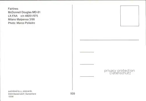 Flugzeuge Zivil Fairlines McDonnell Douglas MD 81 LX FAA c n 48051 975 Kat. Airplanes Avions
