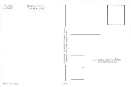 Flugzeuge Zivil Thai Airways Boeing 747 4D7 HS TGK c n 24993  Kat. Airplanes Avions