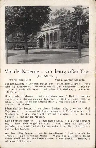 Liederkarte Von der Kaserne vor dem grossen Tor Lili Marleen  Kat. Musik