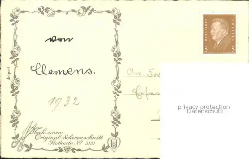 Scherenschnitt Schattenbildkarte Hugo Kocher Nr. 5131 Muttertag Kinder Blumen Gedicht  / Besonderheiten /
