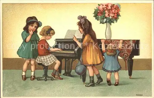 Klavier Kinder Rosen Vase Litho Kat. Musik