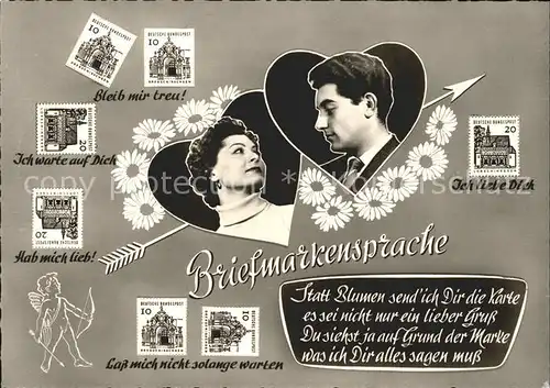 Briefmarkensprache Paar Herzen Blumen Amor Gedicht Kat. Philatelie