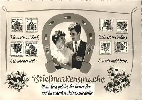 Briefmarkensprache Paar Hufeisen Blumen Liebesspruch Kat. Philatelie