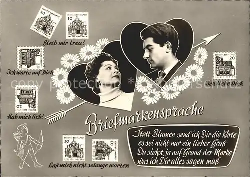 Briefmarkensprache Herzen Amor Pfeil Blumen Gedicht Kat. Philatelie