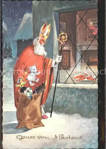 Nikolaus Weihnachtsmann Weihnachten Kinderspielzeug Hund Puppe Lokomotive / Greetings /