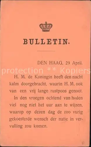 Adel Niederlande Bulletin Den Haag Koenigin Wilhelmina Kat. Koenigshaeuser