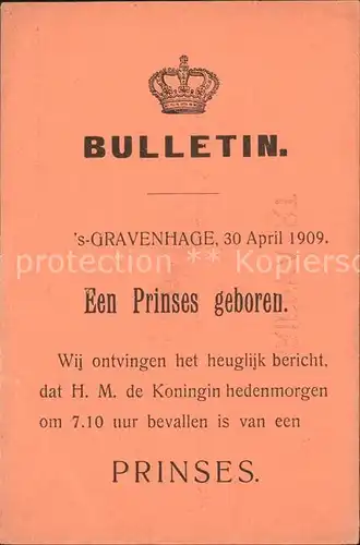 Adel Niederlande Bulletin Geburt Prinzessin Juliana s Gravenhage  Kat. Koenigshaeuser