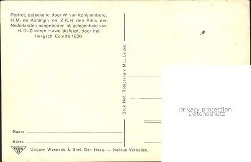 Adel Niederlande Prinzessin Juliana Kuenstlerkarte W. van Konijnenburg Kat. Koenigshaeuser