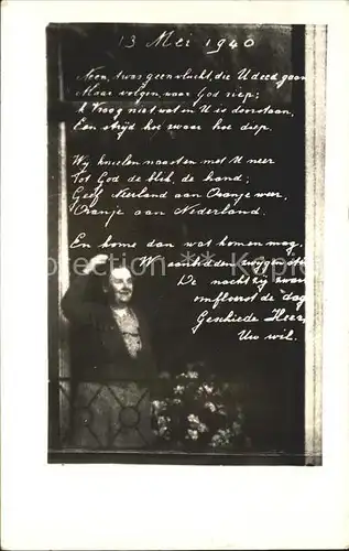 Adel Niederlande Koenigin Wilhelmina 13. Mai 1940 Gedicht  Kat. Koenigshaeuser