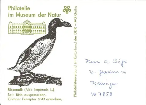 Philatelie Museum der Natur Gotha Riesenalk Alca impennis Kat. Philatelie